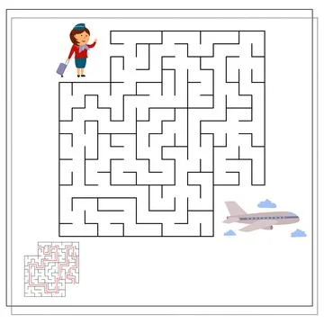 A logic game for children, go through a maze, a flight attendant and an airpl Stock Illustration