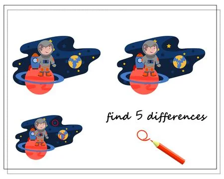 A logic game for kids find the differences, an astronaut in space. vector iso Stock Illustration