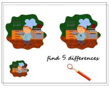 A logic game for kids find the differences, cook in the kitchen. vector isola Stock Illustration