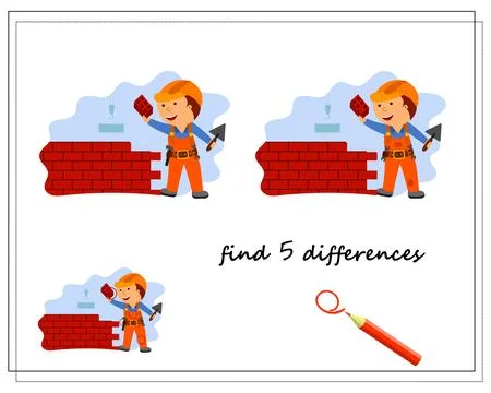 A logic game for kids find the differences, a builder builds a wall. vector.. Stock Illustration