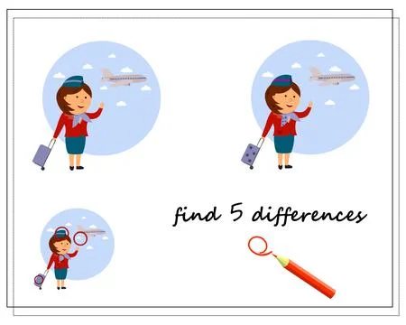 A logic game for kids find the differences, a flight attendant and an airplan Stock Illustration