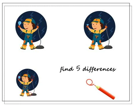A logic game for kids find the differences, cartoon electrician. vector iso.. Stock Illustration