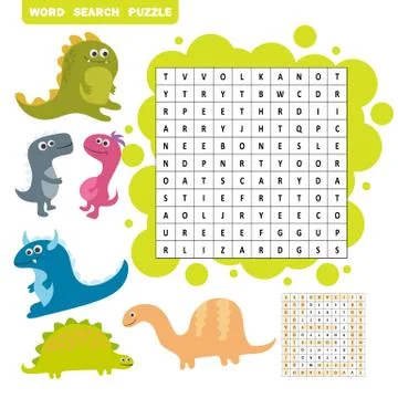 Logic game for learning English. Find dino words - Word search puzzle Illustrazione stock