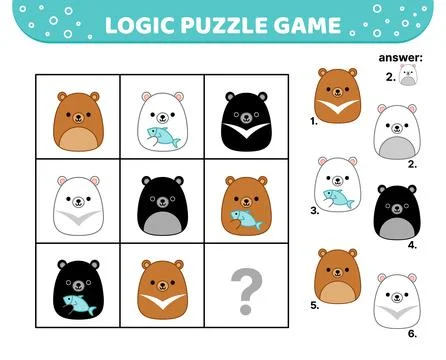 Logic puzzle game. Bear, polar bear. For kids. Squishmallow. Cartoon, kawaii Illustrazione stock
