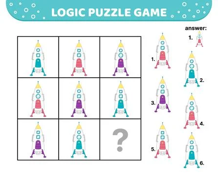 Logic puzzle game. Big rocket. For kids. Cartoon Stock Illustration