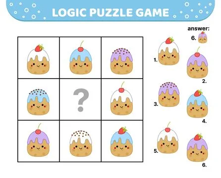 Logic puzzle game. Cake and berry. For kids. Squishmallow. Cartoon, kawaii Stock-Illustration