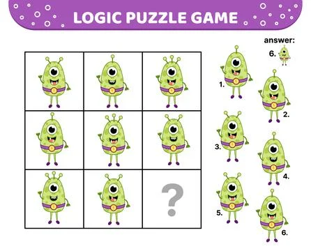 Logic puzzle game. Cheerful alien. For kids. Cartoon Illustrazione stock