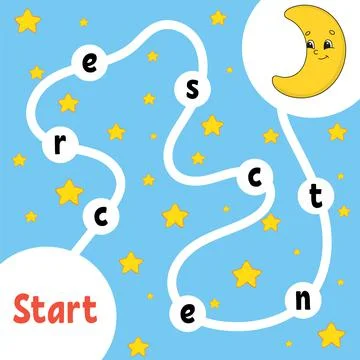 Logic puzzle game. Cute crescent. Learning words for kids. Find the hidden na Stock Illustration