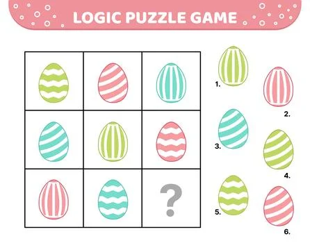 Logic puzzle game. Cute Easter striped eggs. For kids. Cartoon Stock Illustration
