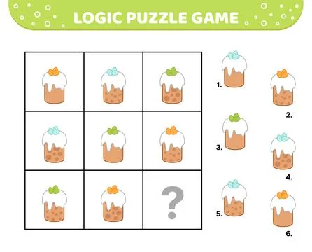 Logic puzzle game. Easter cakes decorated eggs. For kids. Cartoon. Stock Illustration