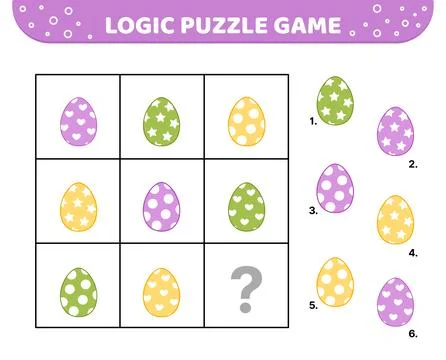 Logic puzzle game. Easter eggs with stars, hearts, dots. For kids. Cartoon Stock Illustration
