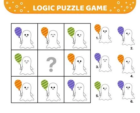 Logic puzzle game. Ghost with balloon. For kids Cartoon flat Stock Illustration