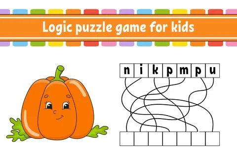 Logic puzzle game. Learning words for kids. Vegetable pumpkin. Find the hidde Stock Illustration