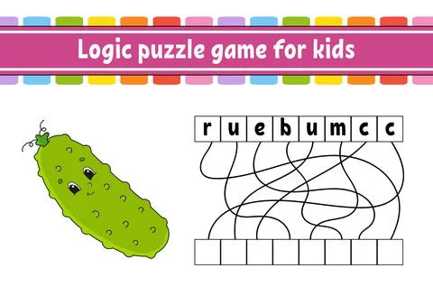 Logic puzzle game. Learning words for kids. Vegetable cucumber. Find the hidd Stock Illustration