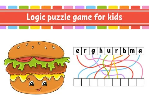 Logic puzzle game. Learning words for kids. Find the hidden name. Worksheet,  Stock Illustration