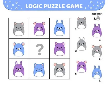 Logic puzzle game. Mouse, cat, hare. For kids. Squishmallow. Cartoon, kawaii Stock Illustration