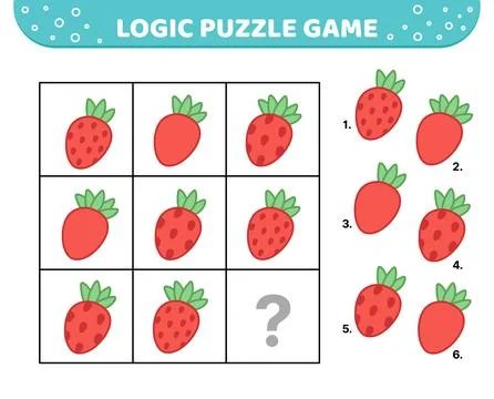 Logic puzzle game. Red strawberry. For kids. Cartoon Illustrazione stock