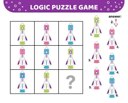 Logic puzzle game. Space rocket. For kids. Cartoon Stock Illustration