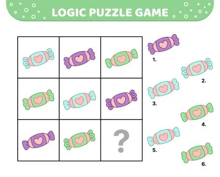 Logic puzzle game. Tasty candy. For kids. Cartoon. Stock Illustration