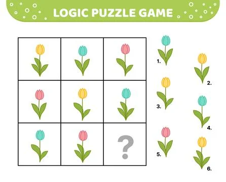 Logic puzzle game. Tulips. Spring flowers. For kids. Cartoon Stock Illustration