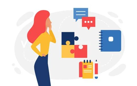 Logic thinking, abstract psychology concept, woman thinks about missing piece of Stock Illustration