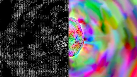 Logical brain waves from numbers VS creative brain with gushing color. 4K Loop Stock Footage 129489431