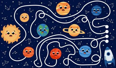Logical find right way to earth game for kids with planets of solar system, r Stock Illustration