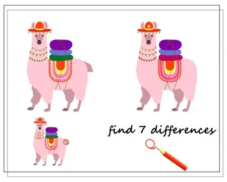 A logical game for children, find the differences. cute cartoon llama. vector Stock Illustration