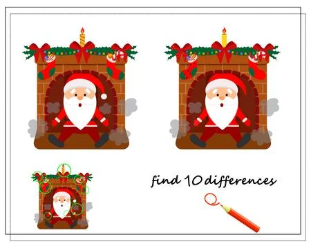 A logical game for children, find the differences. Santa in the fireplace, .. Stock Illustration