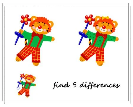 A logical game for children, find the differences. Tiger in the circus, clo.. Stock Illustration
