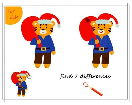 A logical game for children. Find the differences. Tiger with a bag of gifts, Illustrazione stock