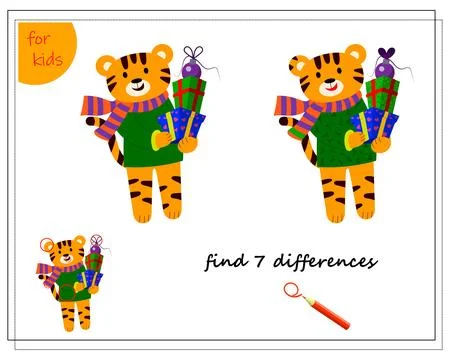 A logical game for children. Find the differences. Tiger with gifts, new ye.. Stock Illustration