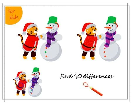 A logical game for children. Find the differences. A tiger in a Santa costu.. Stock Illustration