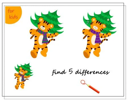 A logical game for children. Find the differences. A tiger carries a Christ.. Stock Illustration