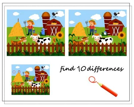 A logical game for children to find the differences. Happy farm, cows on the  Stock Illustration