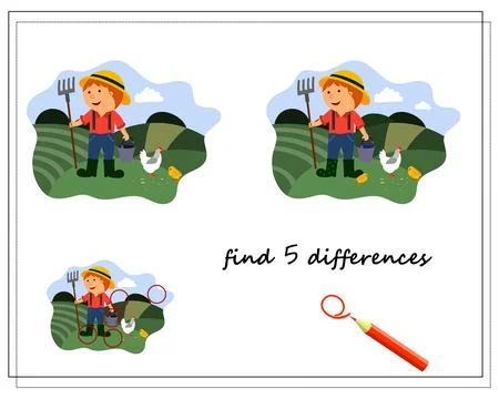 A logical game for children find the differences, a farmer in the field. vect Stock Illustration