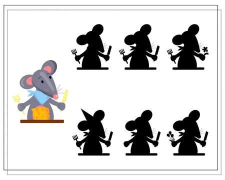 A logical game for children, Find a shadow. cute cartoon rat eating cheese, v Stock Illustration