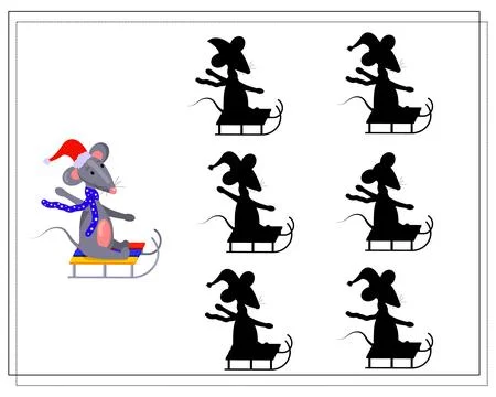 A logical game for children, Find a shadow. a cute cartoon rat rides on a s.. Stock Illustration