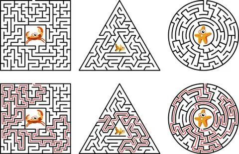 Logical game with solution. Children maze. Square labyrinth with entry and exit Stock Illustration