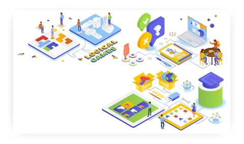 Logical learning games for kids, vector isometric illustration. Online trivia Illustration