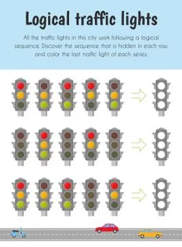 Logical traffic lights Educational Sheet. Primary module for Logic Reasoning. Illustrazione stock