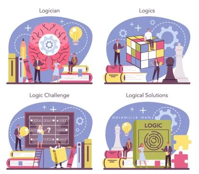 Logician concept set. Scientist systematicly studying logical Stock Illustration