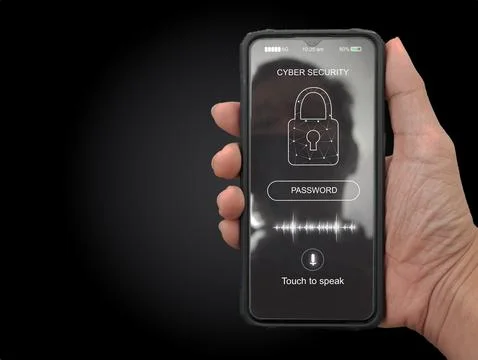 Login and password, A man using his voice command on a smartphone to fill i.. Stock Photos