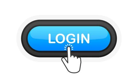 Login blue realistic 3D button isolated on white background. Hand clicked. Ve Illustrazione stock