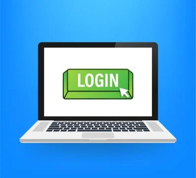 Login button laptop on blue background. Website template design. Click button Stock Illustration