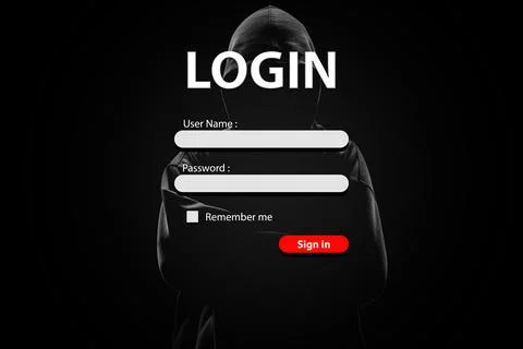Login form and hacker with lock on dark background. Concept of cyber attack.. Stock Illustration