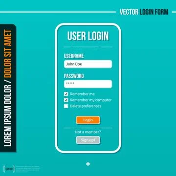Login form template on turquoise background. Stock Illustration