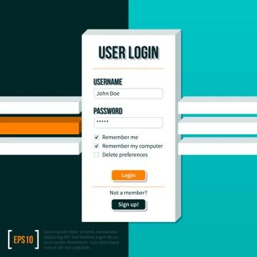 Login form template on turquoise background. Stock Illustration
