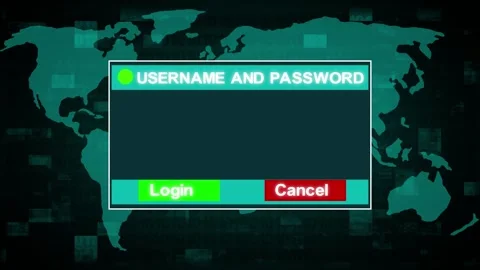 Login interface displayed on a world map background with login and cancel b.. Stock Footage 337367893