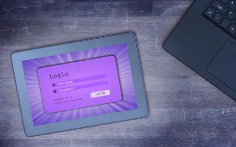 Login interface on tablet - username and password, cold blue filter Stock Photos